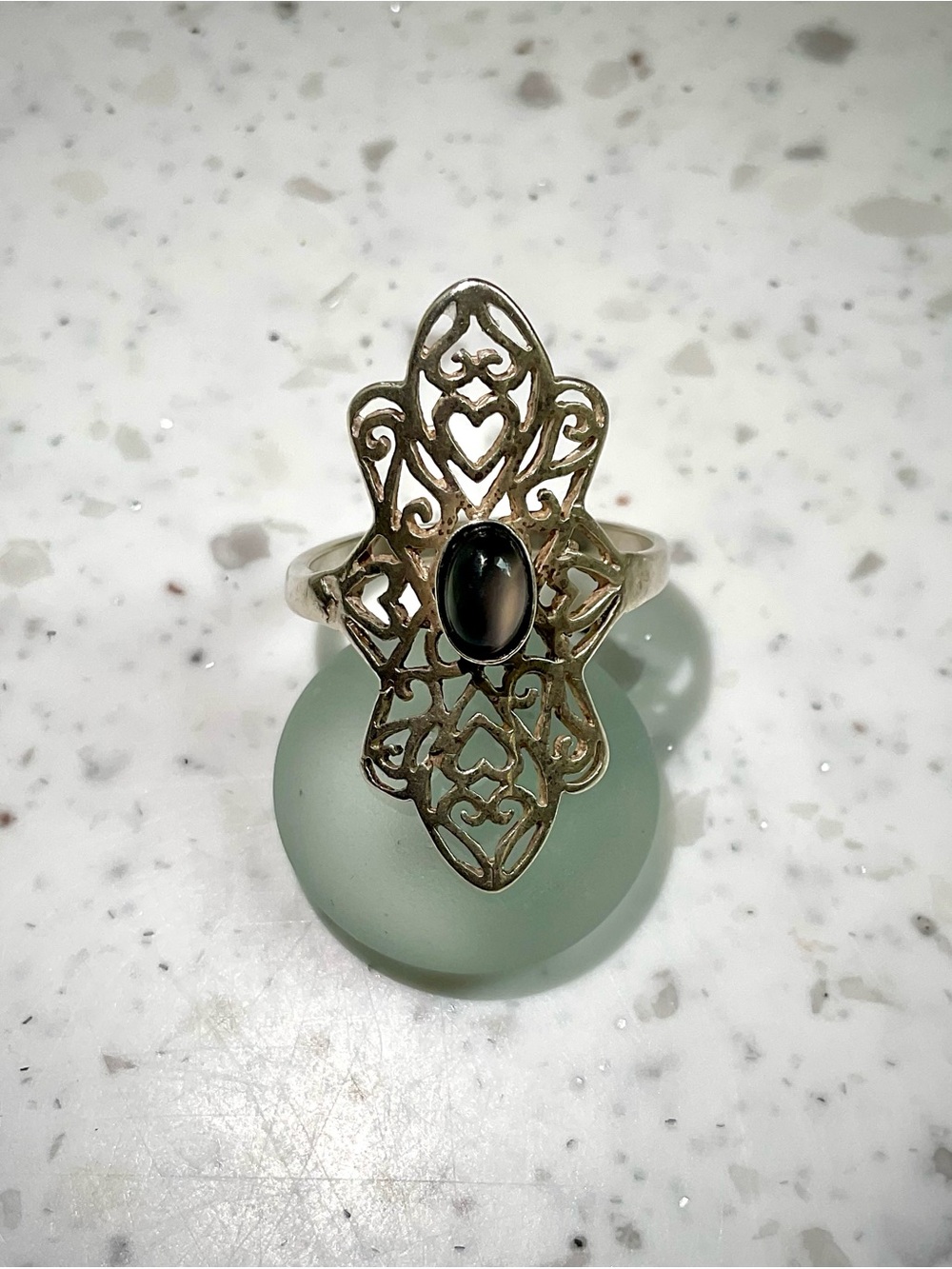 925 Sterling Dark Moonstone Filigree Statement Ring